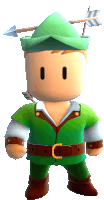 a cartoon character with a green hat and an arrow in his head