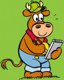 a cartoon cow wearing a green hat is holding a notebook