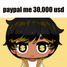 a cartoon character with a dollar sign on his eyes and the words paypal me 30,000 usd