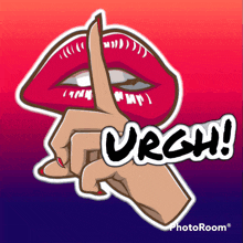 a sticker of a woman 's mouth with a finger on her lips and the word urgh