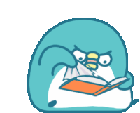 a cartoon of a penguin reading a book with an angry expression