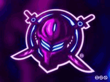 a purple and blue logo with a robot head and two swords .