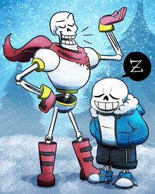 a cartoon drawing of papyrus and sans standing next to each other