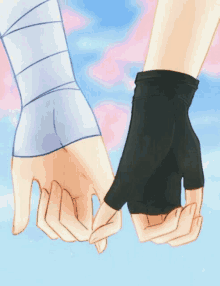 a drawing of two people holding hands with one wearing a black glove