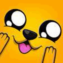 a cartoon dog with a pink tongue sticking out is making a funny face on a yellow background .