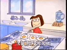 a cartoon of a girl cooking eggs on a stove in a kitchen with the words morning written on the bottom .
