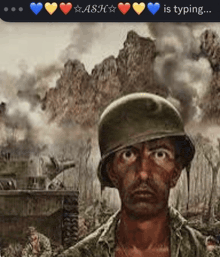 a painting of a man in a helmet with the words ash is typing below him