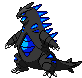 a pixel art drawing of a black and blue monster with blue spikes on a white background .