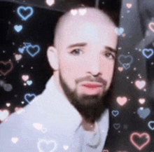 a man with a beard and pink lips is surrounded by hearts