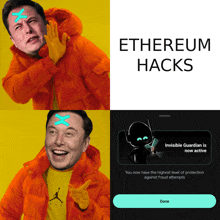 elon musk in an orange jacket with a blue x on his forehead and the words ethereum hacks below him