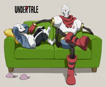 two skeletons laying on a green couch with the word undertale on the top