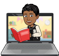 a cartoon of a boy reading a book in front of a laptop with the letter b on his jacket