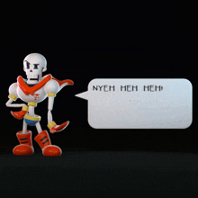 a cartoon skeleton is standing next to a speech bubble that says nyeh heh heh