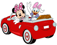 minnie mouse and daisy duck driving a red car