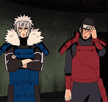 two anime characters standing next to each other with one covering his face with his hands