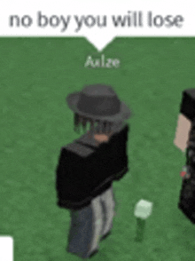 a man in a hat is standing in the grass next to another man .