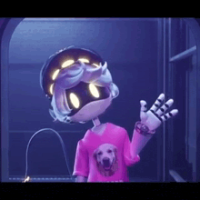 a cartoon character is wearing a pink shirt with a dog on it and waving .