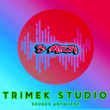 a logo for trimek studio sounds anywhere on a blue and pink background