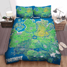 a bed with a fortnite comforter and two pillows