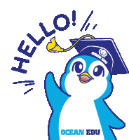 a blue and white penguin wearing a graduation cap with ocean edu on it