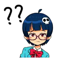 a cartoon girl with glasses and a skull on her head has two question marks above her head