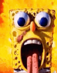 spongebob squarepants is making a funny face with his mouth open and his tongue sticking out .