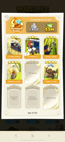 a screenshot of a game that says wildlife complete set to win 53m