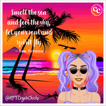 an illustration of a woman with purple hair and a quote from van morrison