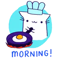 a cartoon of a cat with a chef 's hat and a frying pan with the words morning written below it