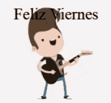 a cartoon of a man playing a guitar with the words feliz viernes written on the bottom .