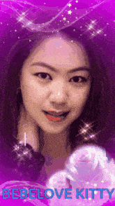 a woman with a purple background and the words bebelove kitty