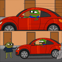 a cartoon of a frog in a red car talking to another frog