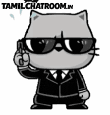 a cartoon cat wearing sunglasses and a black suit is talking on a cell phone