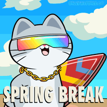 a cartoon of a cat holding a surfboard with the words spring break below him