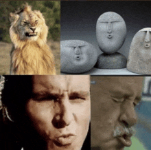 a collage of images including a lion a man and two rocks with faces on them