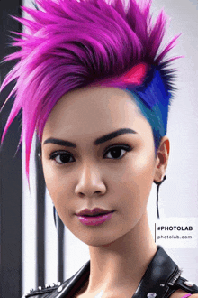 a woman with purple and blue hair is featured on a photolab.com ad