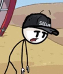 a stick figure wearing a baseball cap with the word security on it is standing in the desert .