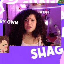 a woman with curly hair is sitting in front of a purple background with the word shag on it