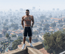 a shirtless man with a tattoo on his chest is standing on a ledge overlooking a city