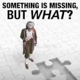 a man walking on a piece of puzzle with the words something is missing but what written above him