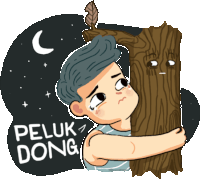 a cartoon drawing of a man hugging a tree trunk with the words peluk dong above him