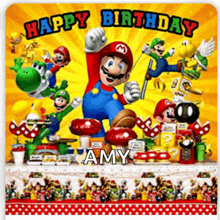 a happy birthday card with mario , luigi , yoshi and amy on it