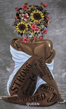 a painting of a woman with flowers in her hair and the word queen written on the bottom