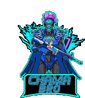 a logo for chama bro shows a robot holding a rifle