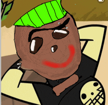 a drawing of a man with a green hat and a skull on his shirt