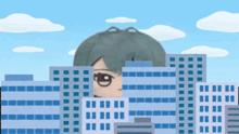 a cartoon drawing of a girl peeking out from behind buildings