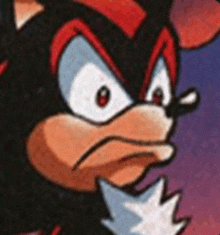 a close up of a cartoon character , shadow the hedgehog , with a very angry look on his face .