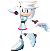 a cartoon character with white hair and pink eyes is standing in front of a white background