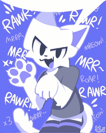 a cartoon drawing of a cat with the word rawr written on it