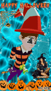 a happy halloween greeting card with a boy in a cat in the hat and a woman in a witch costume